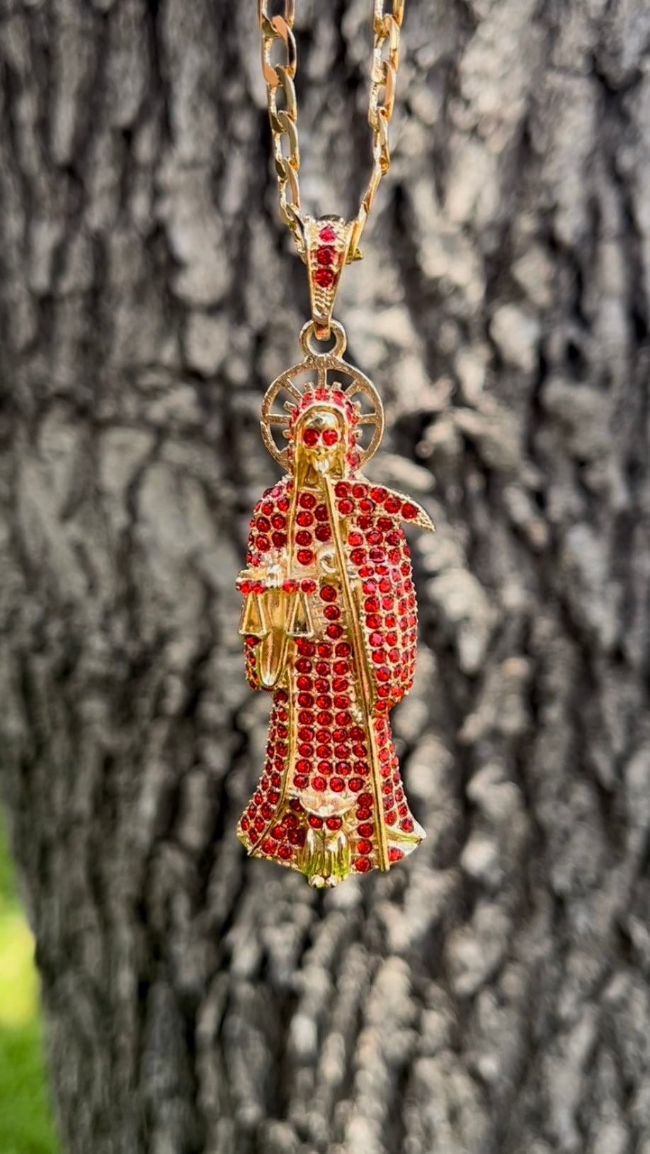 Red Rhinestone Santa Muerte Necklace