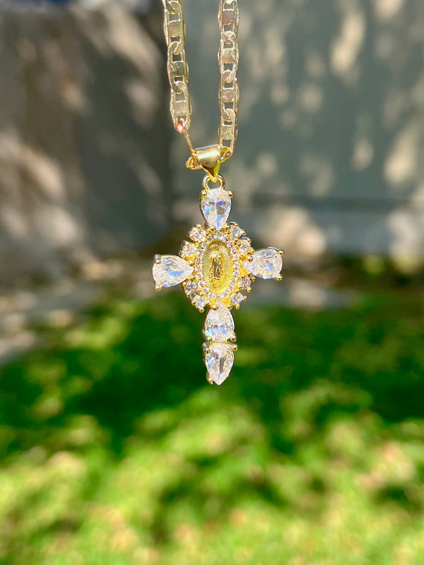 White Virgencita Cross Necklace