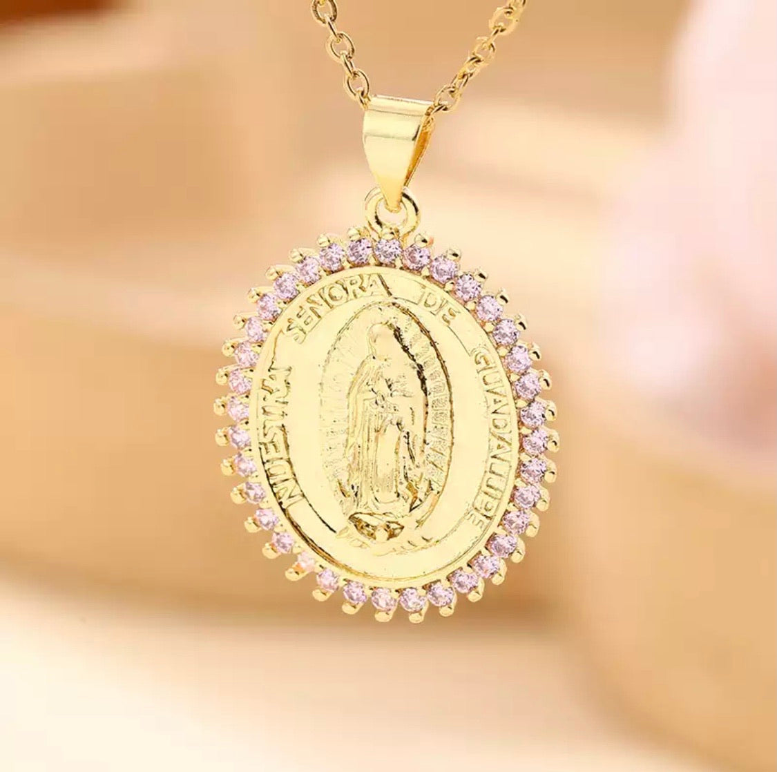 Pink Nuestra Señora de Guadalupe necklace