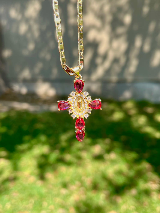 Hot Pink Virgencita Cross Necklace