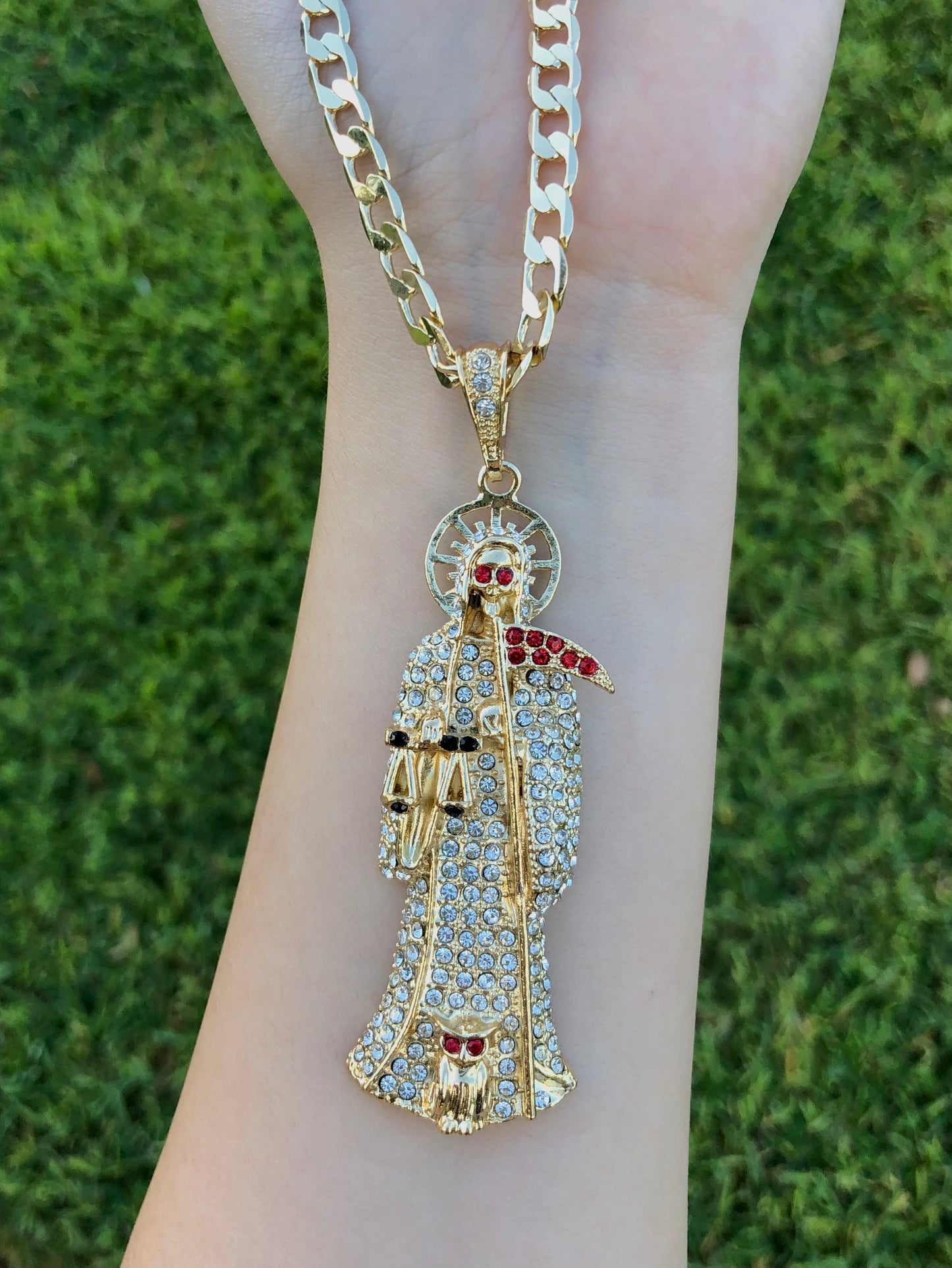 Rhinestone Santa Muerte Necklace